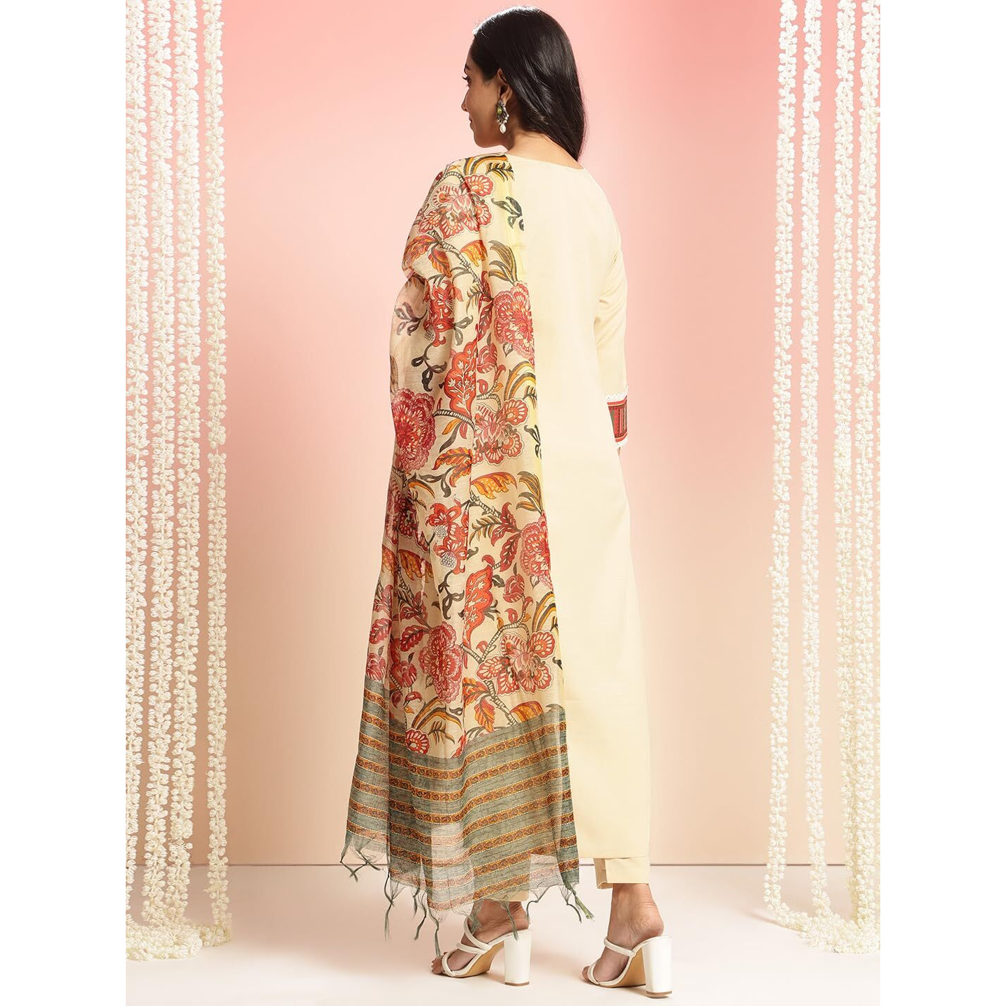 ANNI DESIGNER Women's Rayon Viscose Floral Straight Kurta with Pant & Dupatta (Dhar-CLRS-RB_Cream_Small)