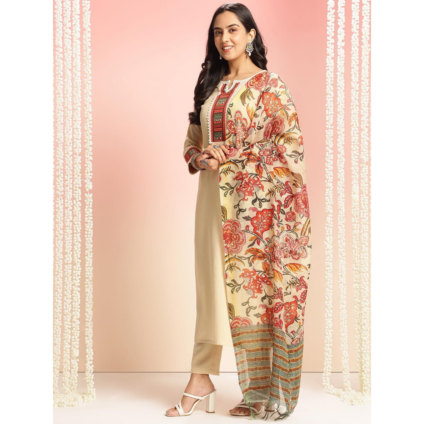ANNI DESIGNER Women's Rayon Viscose Floral Straight Kurta with Pant & Dupatta (Dhar-CLRS-RB_Cream_Small)