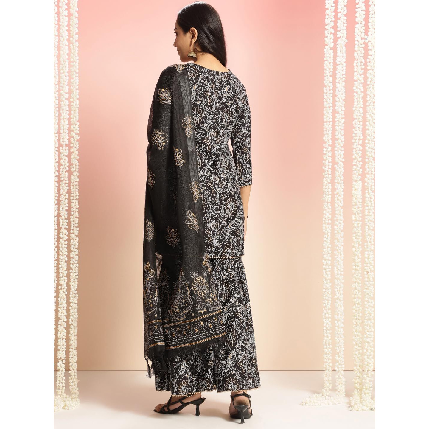 ANNI DESIGNER Women's Rayon Viscose Straight Printed Kurta with Sharara & Dupatta (NIRANJANA BLACK-VKS01_L_Black_Large)