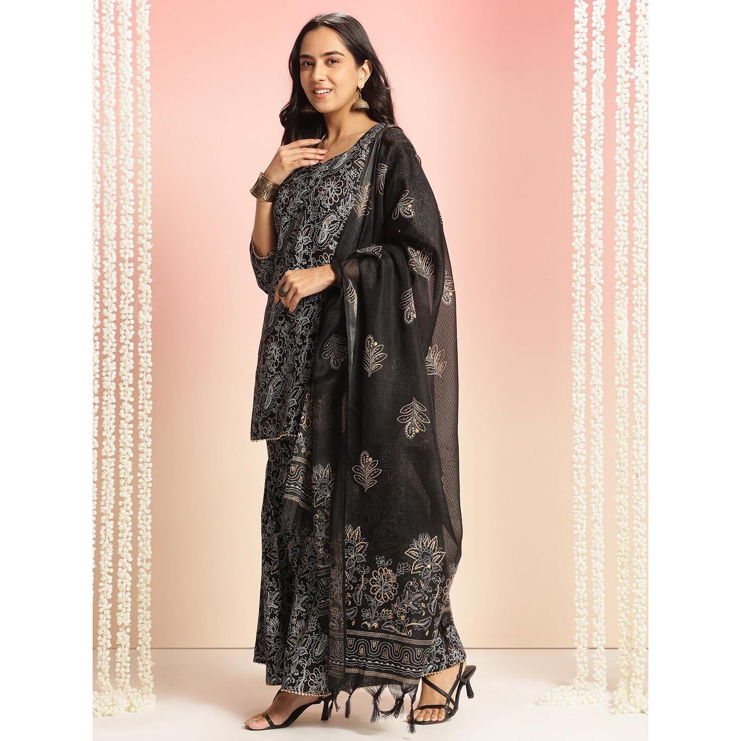 ANNI DESIGNER Women's Rayon Viscose Straight Printed Kurta with Sharara & Dupatta (NIRANJANA BLACK-VKS01_L_Black_Large)