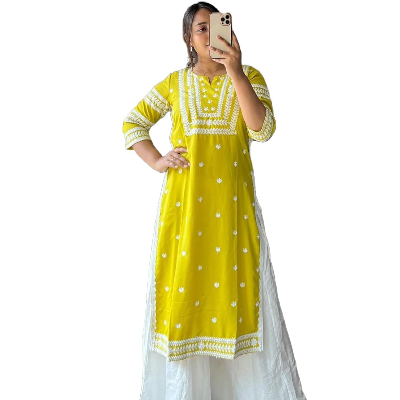 ANNI DESIGNER Women's Cotton Blend Chikankari Embroidered Straight Kurta (STHO-Yellow-PAC_S_Yellow_Small)