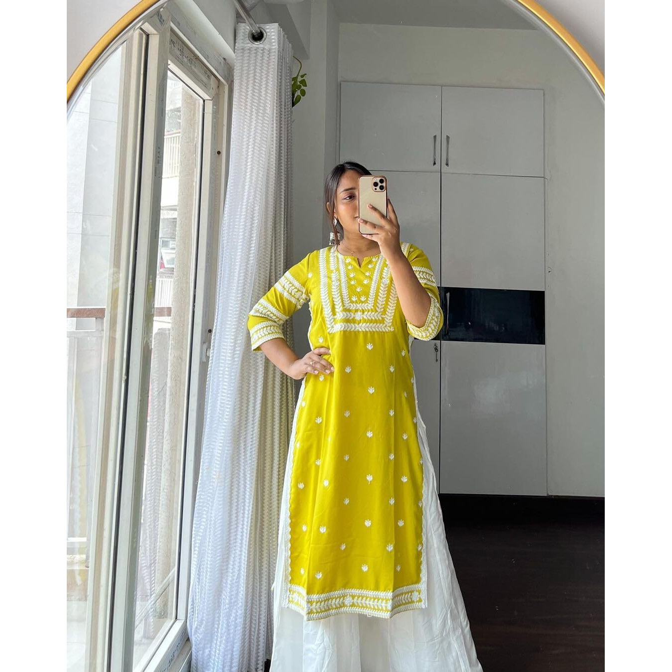 ANNI DESIGNER Women's Cotton Blend Chikankari Embroidered Straight Kurta (STHO-Yellow-PAC_S_Yellow_Small)