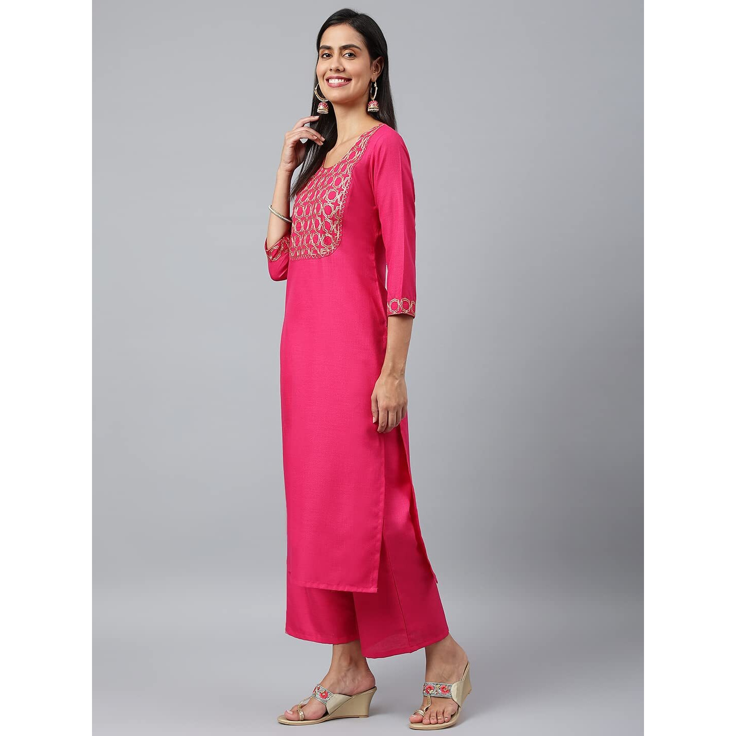 ANNI DESIGNER Women's Cotton Blend Printed Straight Kurta with Pant & Dupatta (Khunti Pink_XXL_Pink_XX Large)