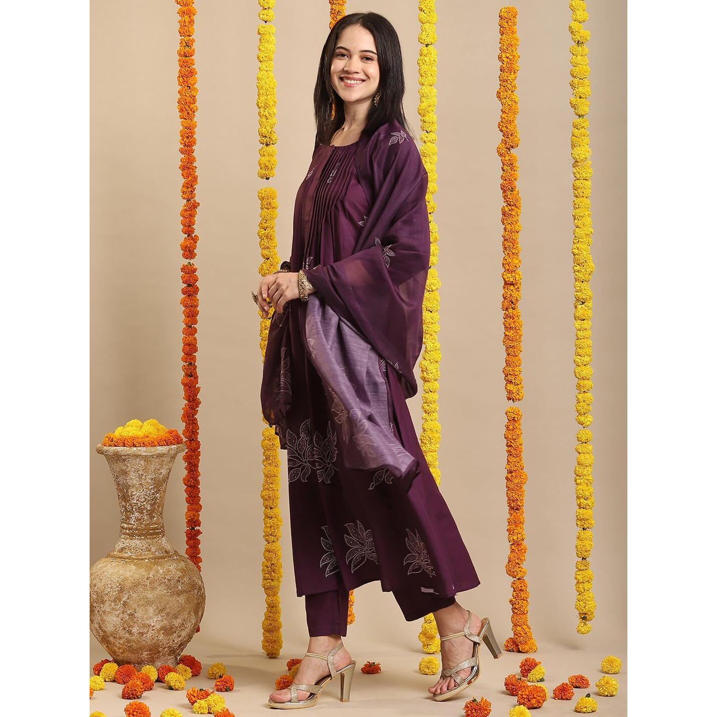 ANNI DESIGNER Women's Rayon Blend Anarkali Printed Kurta with Pant & Dupatta (Gangori Wine-VKS02_S_Wine_Small)