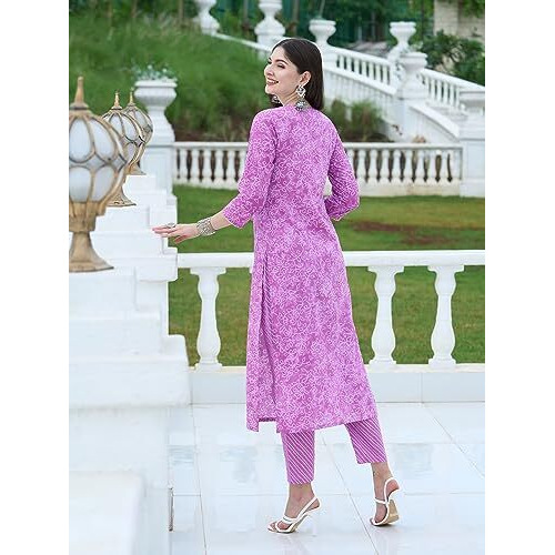 ANNI DESIGNER Women's Cotton Blend Straight Printed Kurta with Pant Set (EDF-Purple_XXL_Purple_XX-Large)