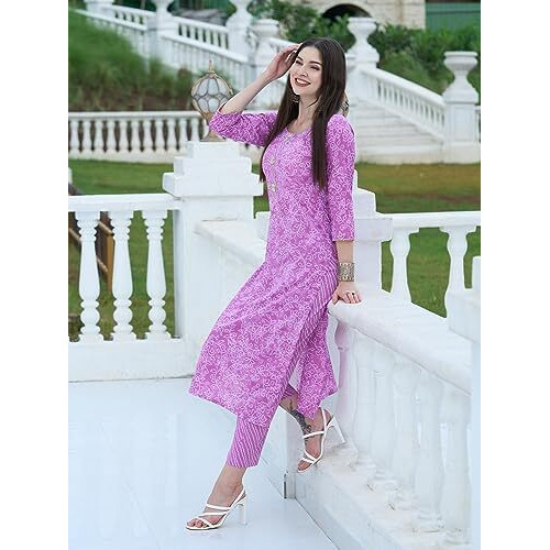 ANNI DESIGNER Women's Cotton Blend Straight Printed Kurta with Pant Set (EDF-Purple_XXL_Purple_XX-Large)