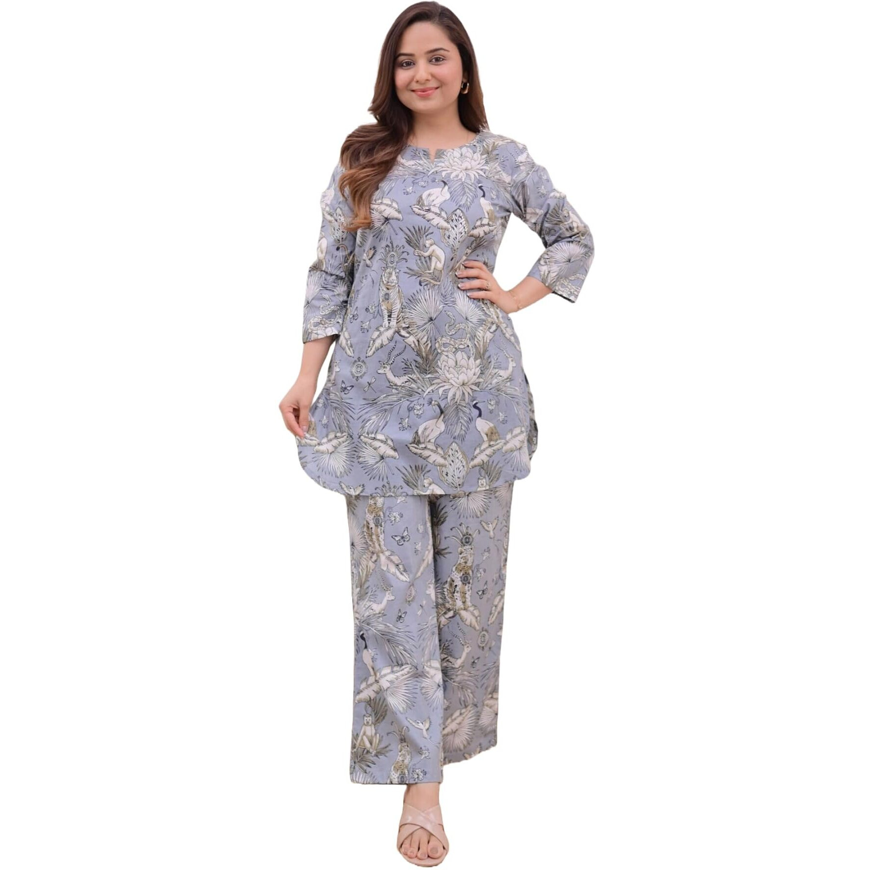 ANNI DESIGNER Women's Cotton Blend Printed Ethnic Co-ord Set (Yojata Grey_S_Grey_Small)
