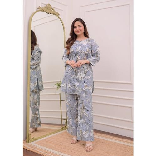 ANNI DESIGNER Women's Cotton Blend Printed Ethnic Co-ord Set (Yojata Grey_S_Grey_Small)