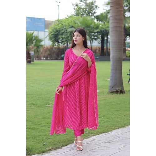ANNI DESIGNER Women's Georgette Lehariya Printed Anarkali Kurta with Pant & Dupatta (MOTHDA-Pink_XL_Pink_X-Large)