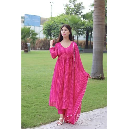 ANNI DESIGNER Women's Georgette Lehariya Printed Anarkali Kurta with Pant & Dupatta (MOTHDA-Pink_XL_Pink_X-Large)