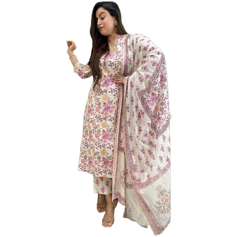 ANNI DESIGNER Women's Rayon Blend Straight Printed Kurta with Pant & Dupatta (Fuldani Pink_XL_Pink_X-Large)