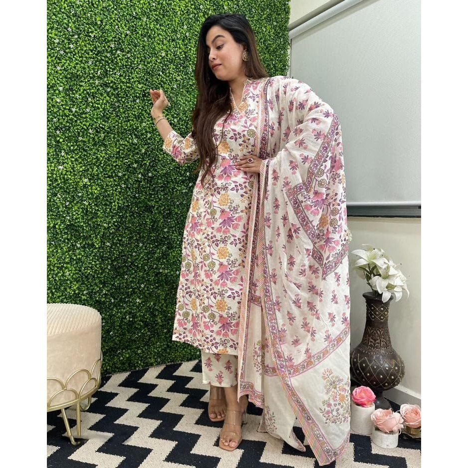 ANNI DESIGNER Women's Rayon Blend Straight Printed Kurta with Pant & Dupatta (Fuldani Pink_XL_Pink_X-Large)