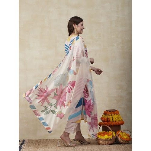 ANNI DESIGNER Women's Cotton Blend Straight Printed Kurta with Pant & Dupatta (Dhimi Pink-NRE_M_Pink_Medium)