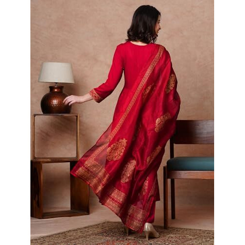 ANNI DESIGNER Women's Rayon Blend Solid Anarkali Kurta with Pant & Dupatta (Magic-RED-NB_M_Red_Medium)