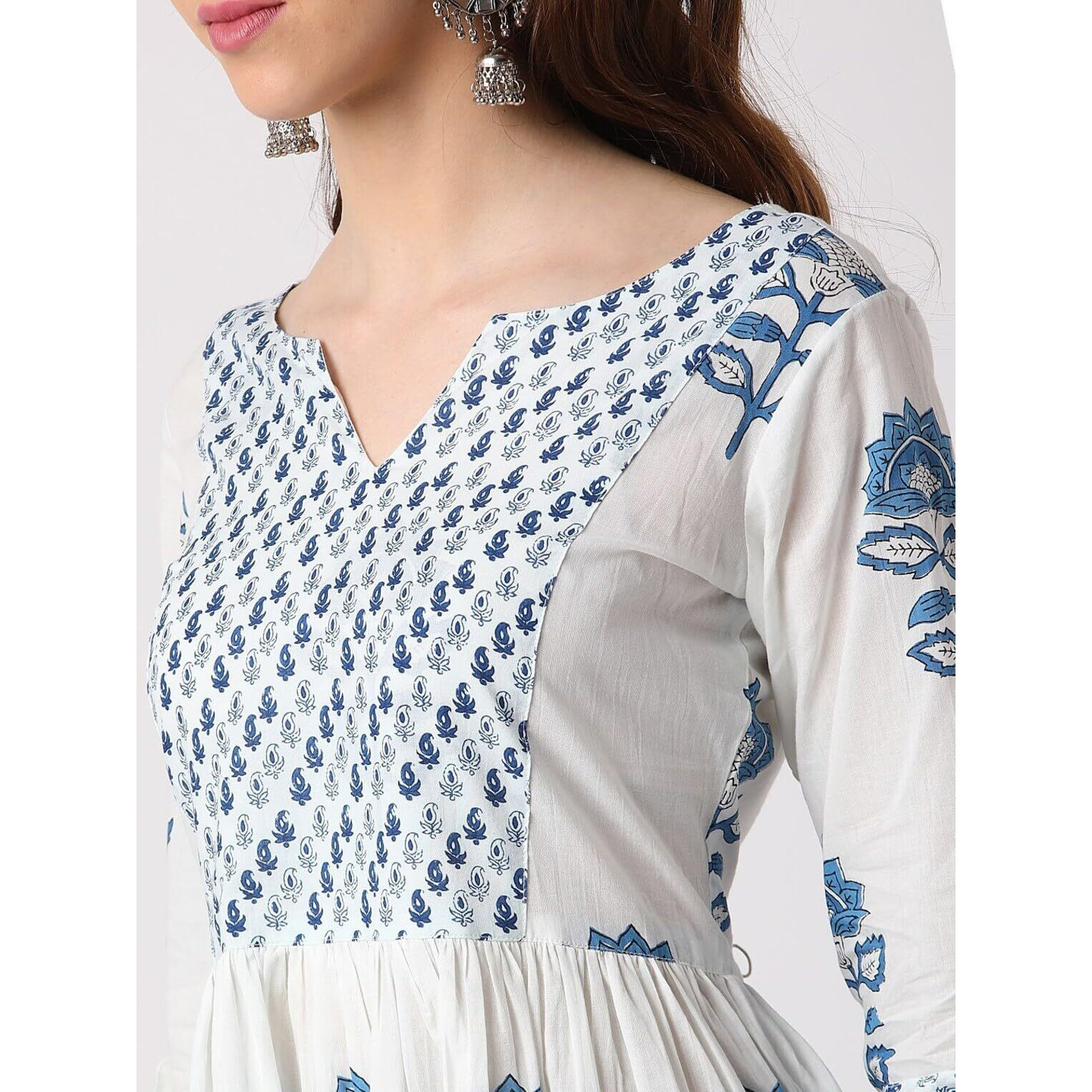 KLOSIA Women Block Printe Anarkali Kurta and Pant Set with Dupatta (Small) White