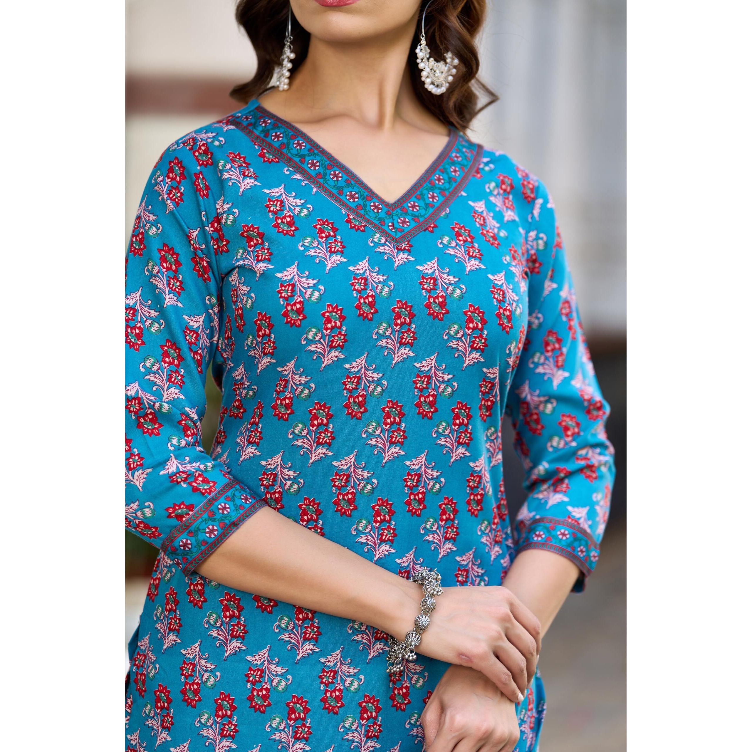 KLOSIA Women Straight Floral Printed Kurta and Pant Set With Dupatta | Ethnic Suit | Kurta Set | (Small) Blue
