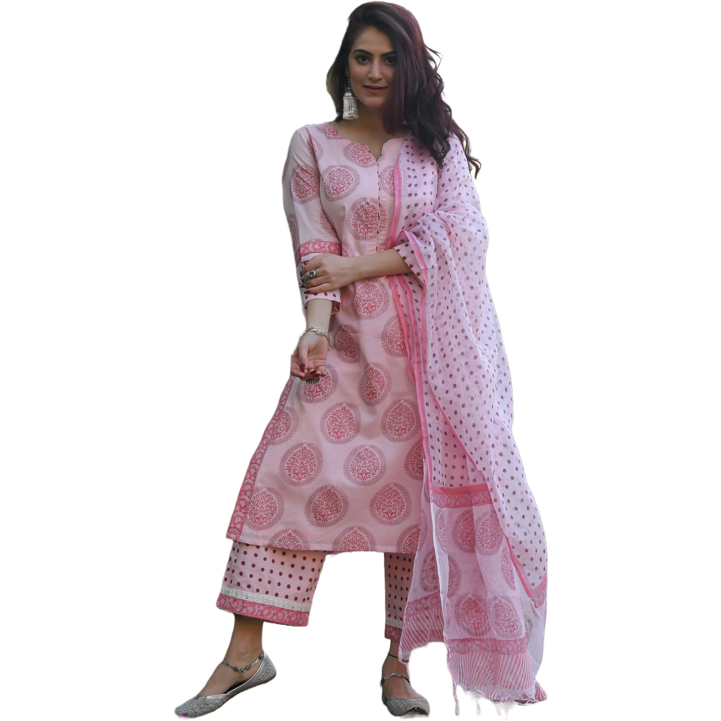 KLOSIA Women Block Printed Kurta and Pant Set with Dupatta (Medium) Pink