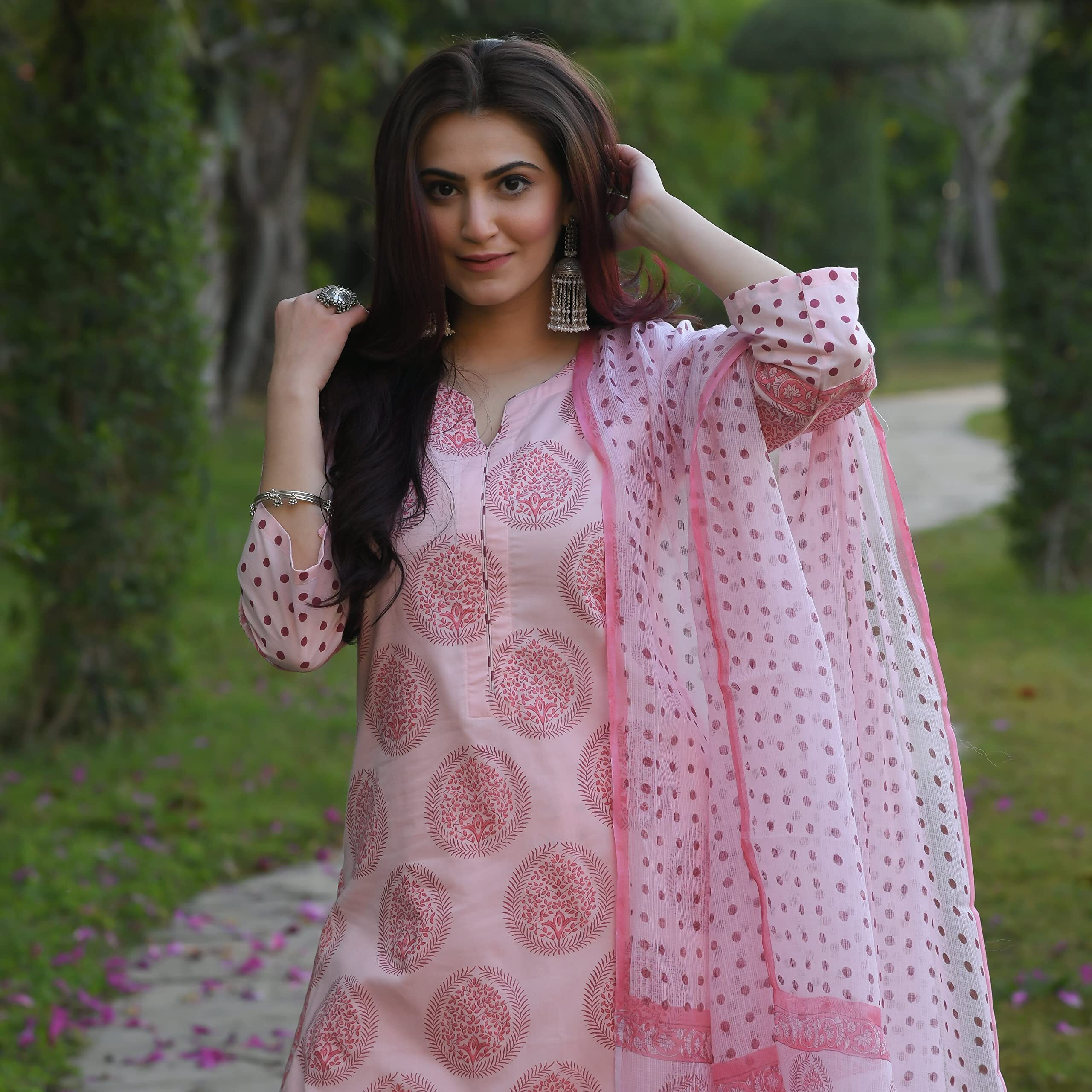 KLOSIA Women Block Printed Kurta and Pant Set with Dupatta (Medium) Pink