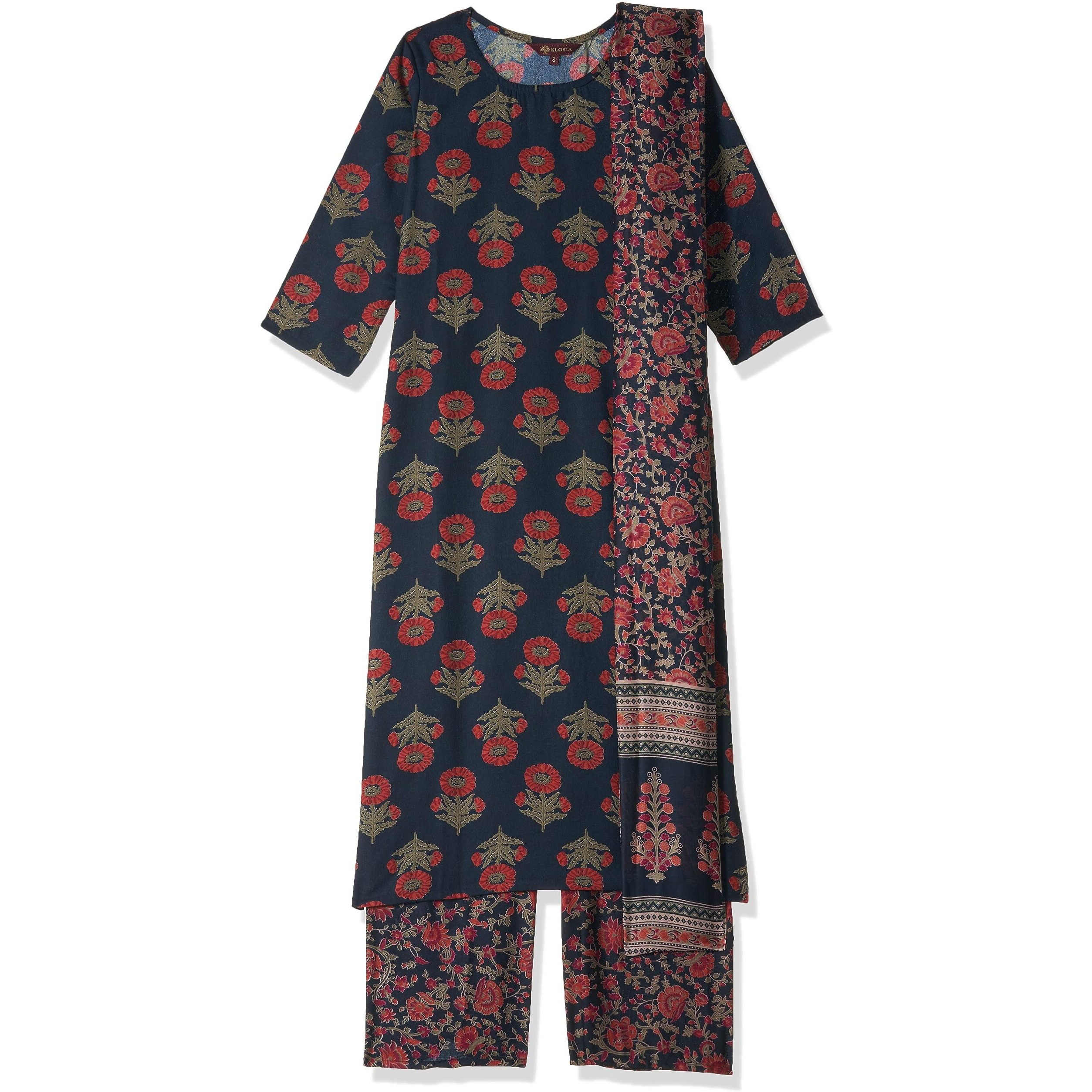 KLOSIA Women Printed Kurta and Pant Set with Dupatta (Small) Brown