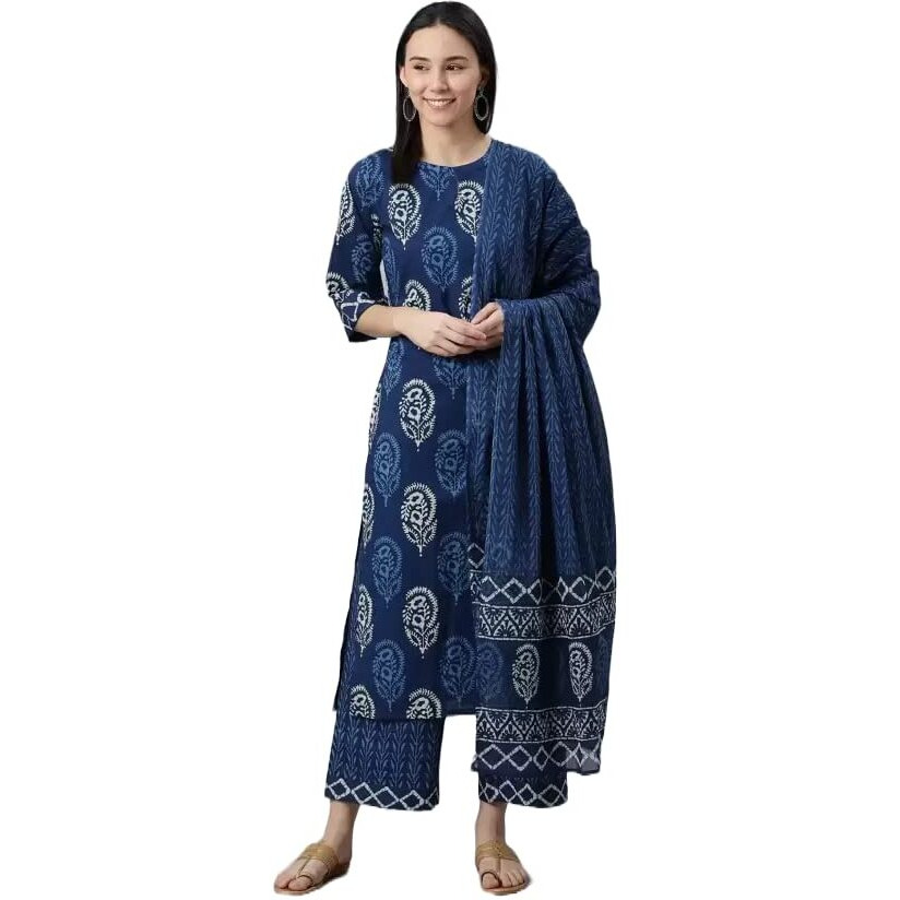 KLOSIA Women Indigo Block Printed Kurta Set with Dupatta (Small)
