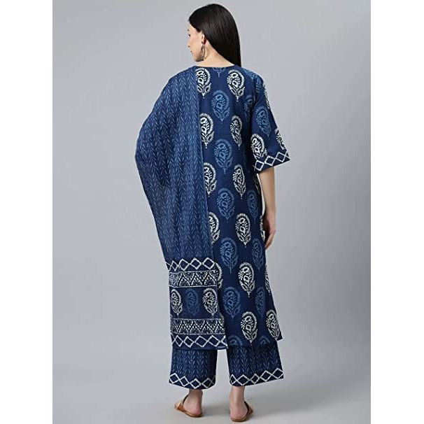 KLOSIA Women Indigo Block Printed Kurta Set with Dupatta (Small)
