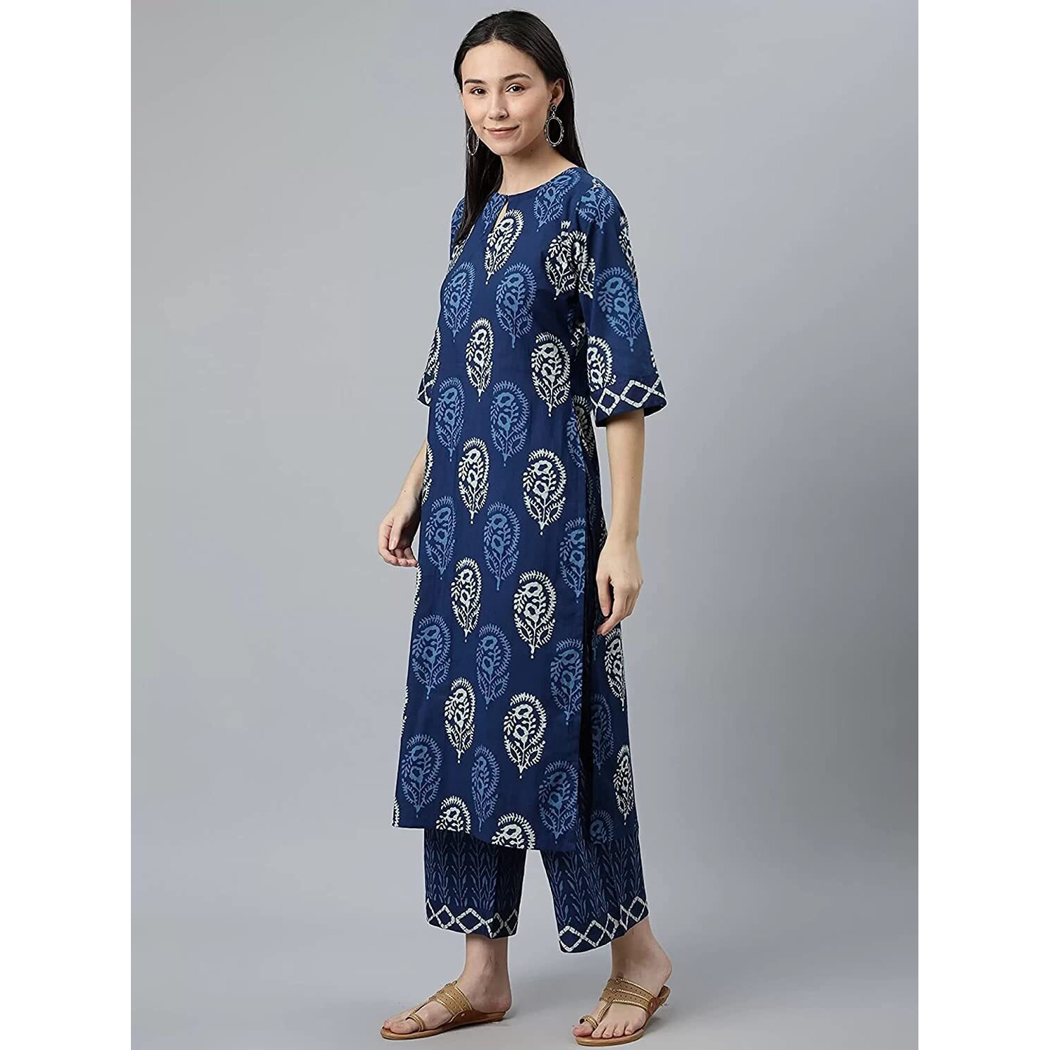 KLOSIA Women Indigo Block Printed Kurta Set with Dupatta (Small)