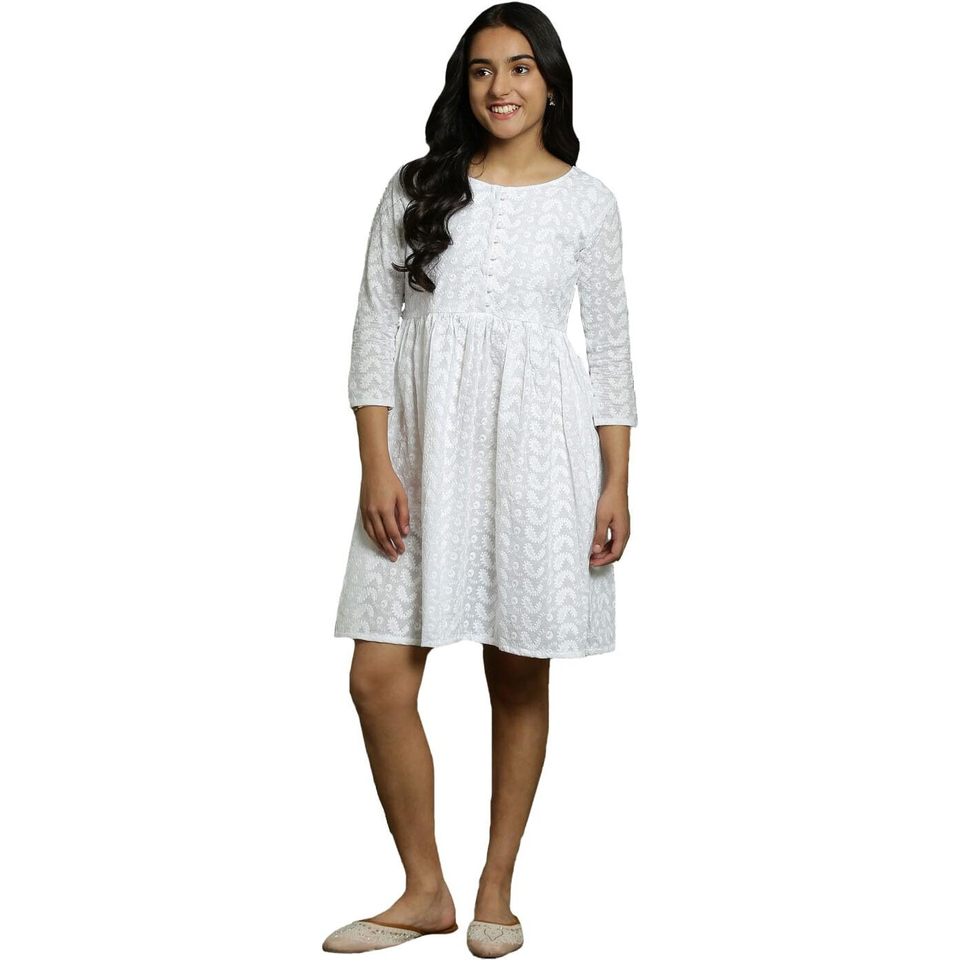 VASTRAMAY Girls' Chikankari Anarkali Dress  Cotton Ethnic Wear for Holi & Eid