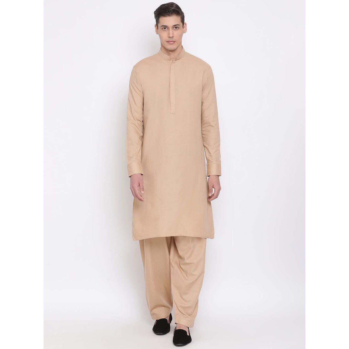 VASTRAMAY Men's Beige Cotton Blend Kurta Pyjama Set_VASMK096CHnP_40