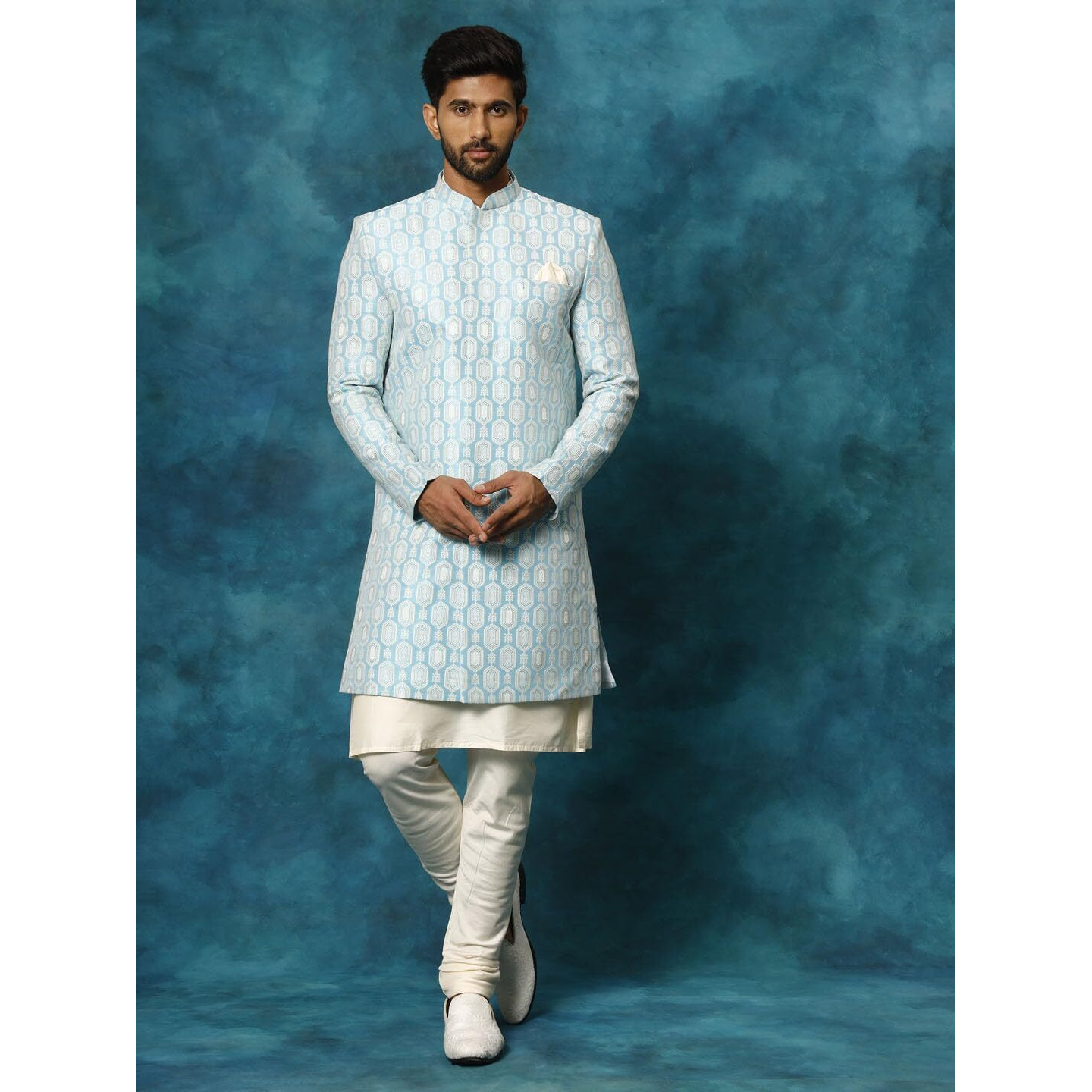 VASTRAMAY Rayon Men's Blue and Cream Viscose Sherwani Set (VASMIW252BUnK169CRnVPCR_38 2