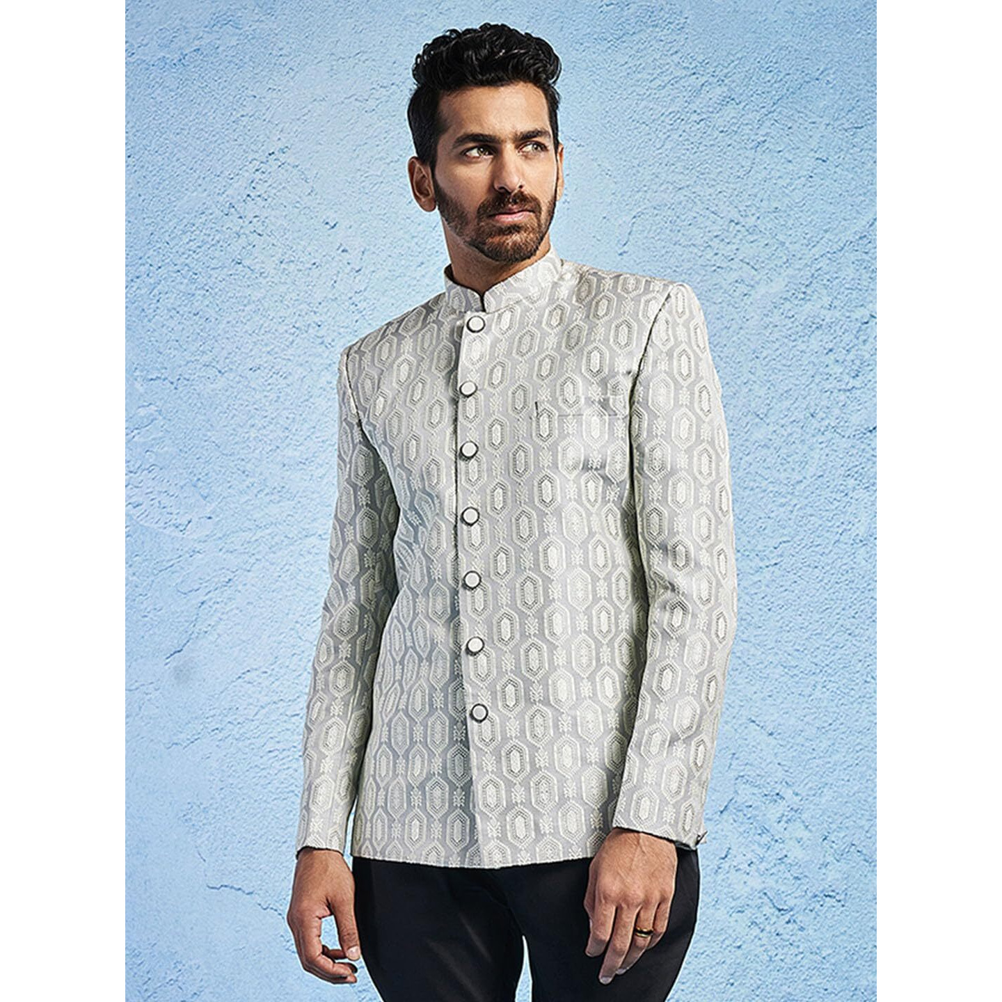 VASTRAMAY Men's Grey - Jodhpuri - Silk Blend Jacquard Jodhpuri