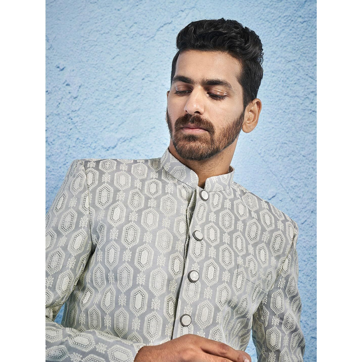 VASTRAMAY Men's Grey - Jodhpuri - Silk Blend Jacquard Jodhpuri
