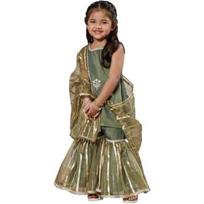 VASTRAMAY Girls' Green Kurta Sharara Set With Dupatta - Embroidered Sequined Kurta Sharara And Dupatta Set For Girl's.