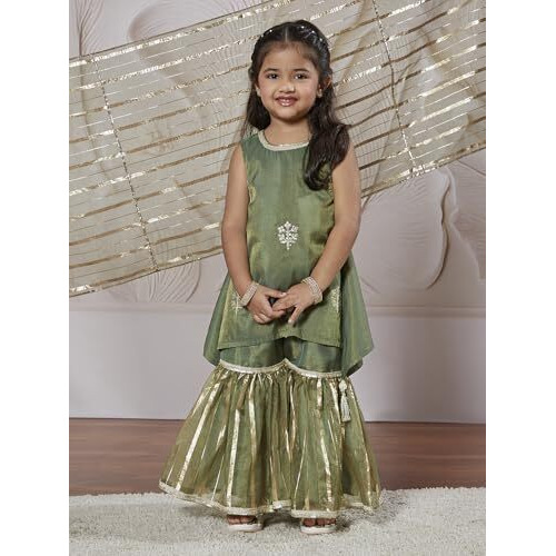 VASTRAMAY Girls' Green Kurta Sharara Set With Dupatta - Embroidered Sequined Kurta Sharara And Dupatta Set For Girl's.