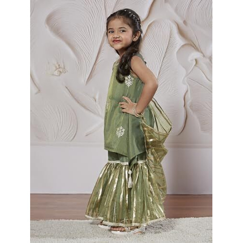 VASTRAMAY Girls' Green Kurta Sharara Set With Dupatta - Embroidered Sequined Kurta Sharara And Dupatta Set For Girl's.