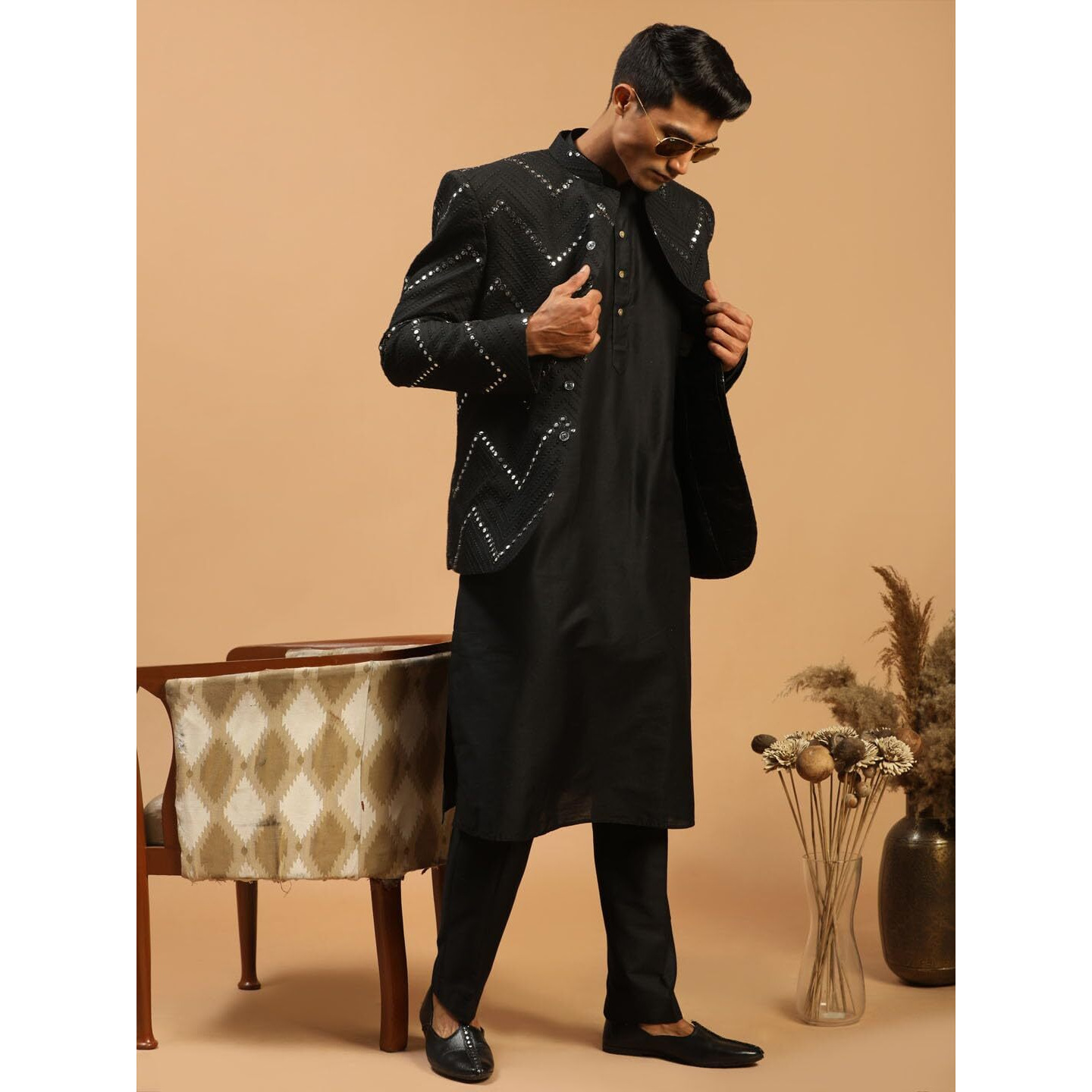 VASTRAMAY Men's Black Viscose Ethnic Combo Set | Mirror work Embellished Viscose Jodhpuri Coat For Men. This Set Contain Viscose Kurta And Pant Style Pyjama.