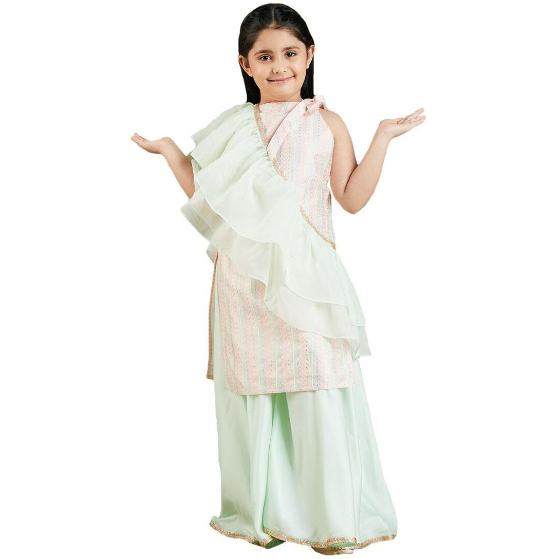 VASTRAMAY Girls' Multi Color And Mint Green Kurta, Palazzo And Dupatta Set_VASGKP029MCnD_26
