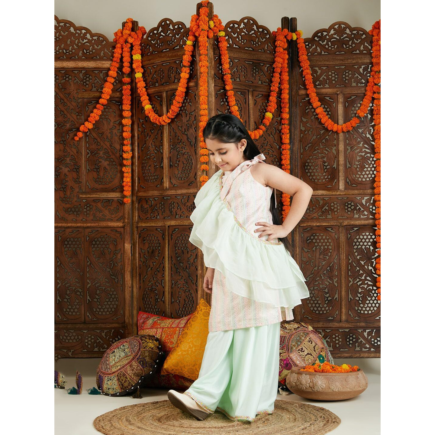 VASTRAMAY Girls' Multi Color And Mint Green Kurta, Palazzo And Dupatta Set_VASGKP029MCnD_26