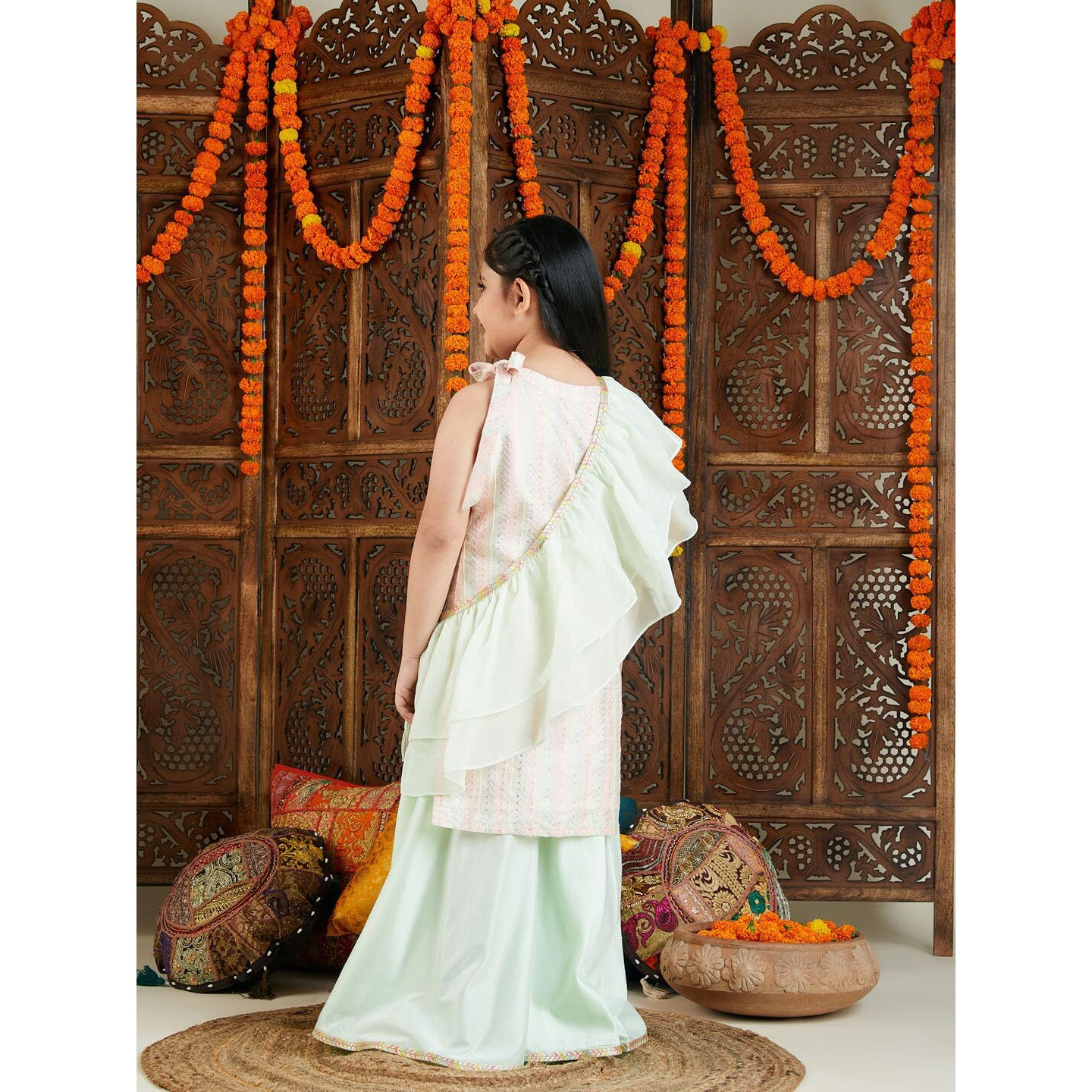 VASTRAMAY Girls' Multi Color And Mint Green Kurta, Palazzo And Dupatta Set_VASGKP029MCnD_26