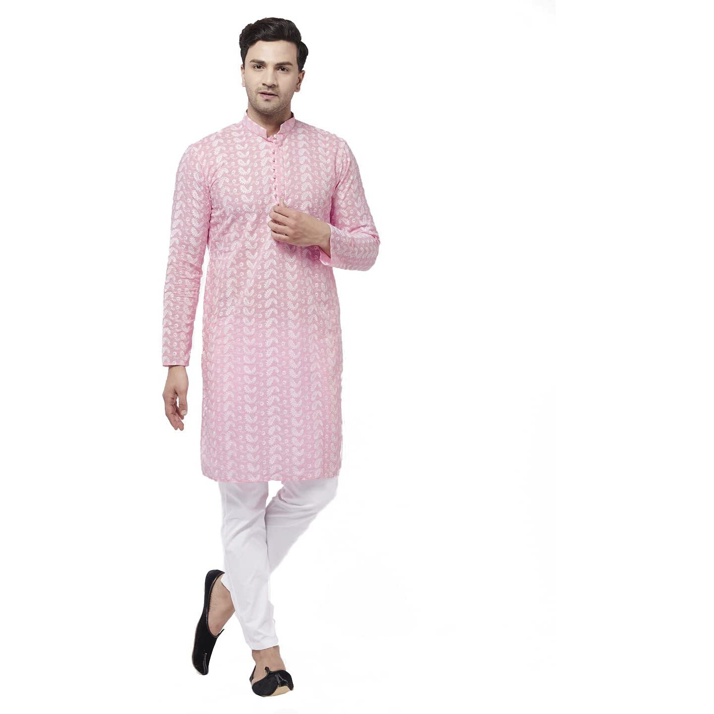 VASTRAMAY Men's Pink And White Pure Cotton Kurta Pyjama Set_VASMK094PNnPANT004WH_40