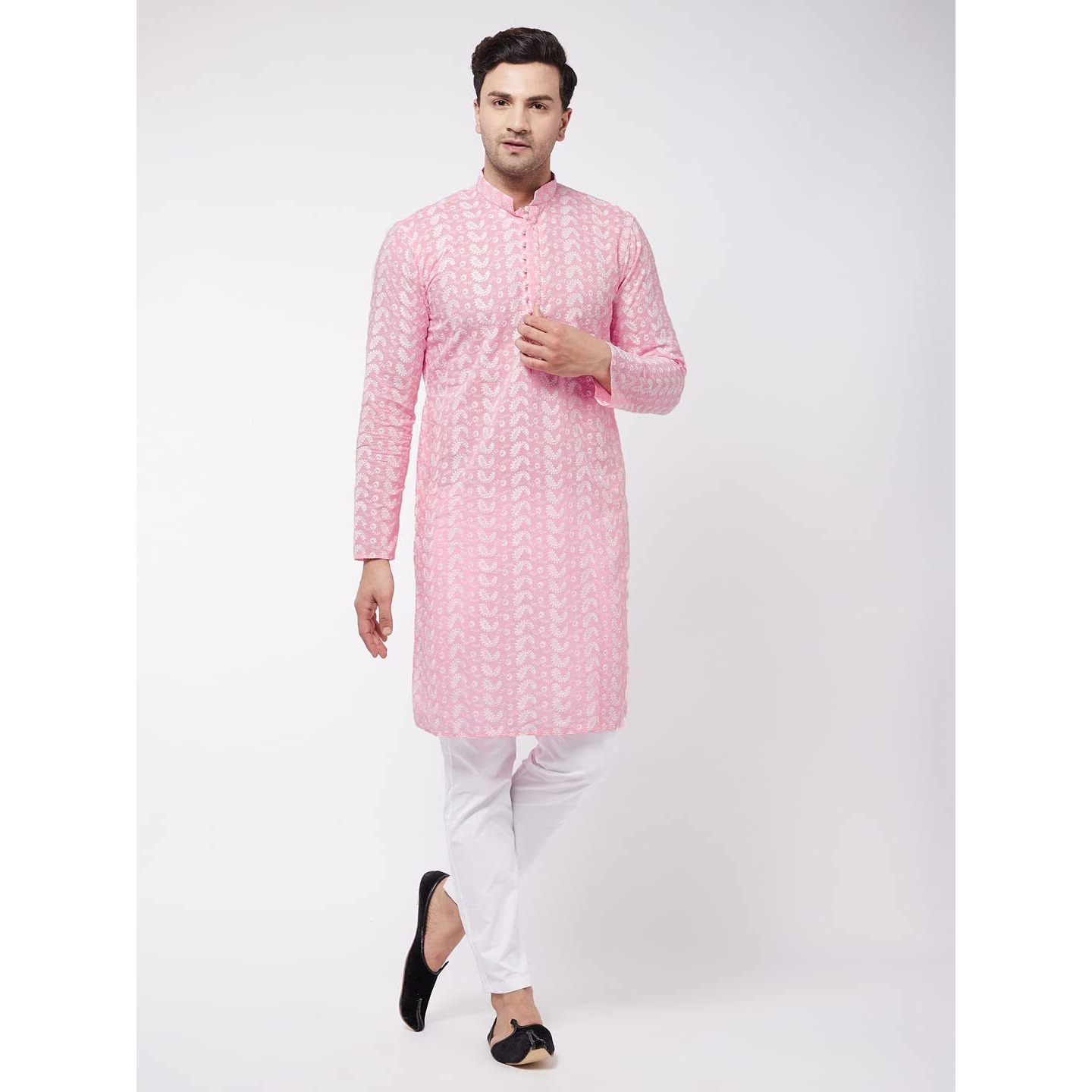 VASTRAMAY Men's Pink And White Pure Cotton Kurta Pyjama Set_VASMK094PNnPANT004WH_40