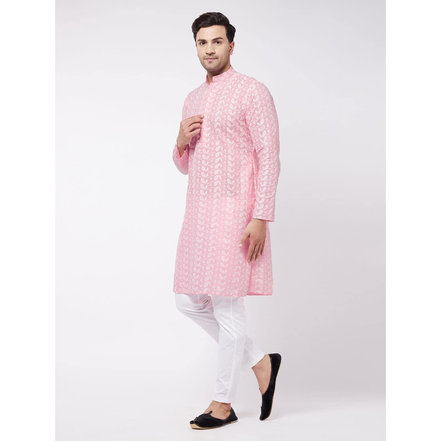 VASTRAMAY Men's Pink And White Pure Cotton Kurta Pyjama Set_VASMK094PNnPANT004WH_40