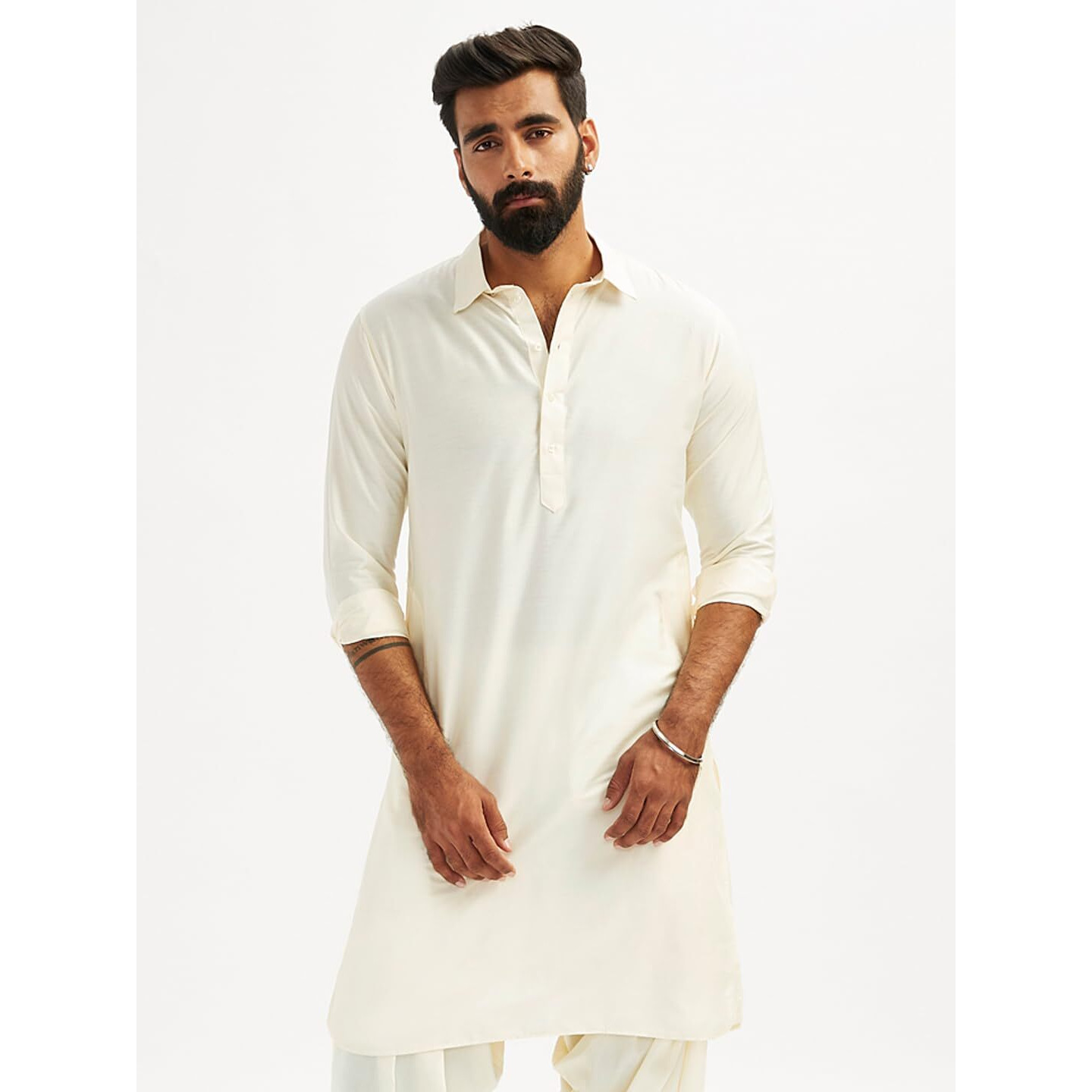 VASTRAMAY Men's Cream Viscose Pathani Kurta Only, Traditional Pathani in Soft Comfortable Feel Viscose Fabric for Weddings, Ethnic Outfit