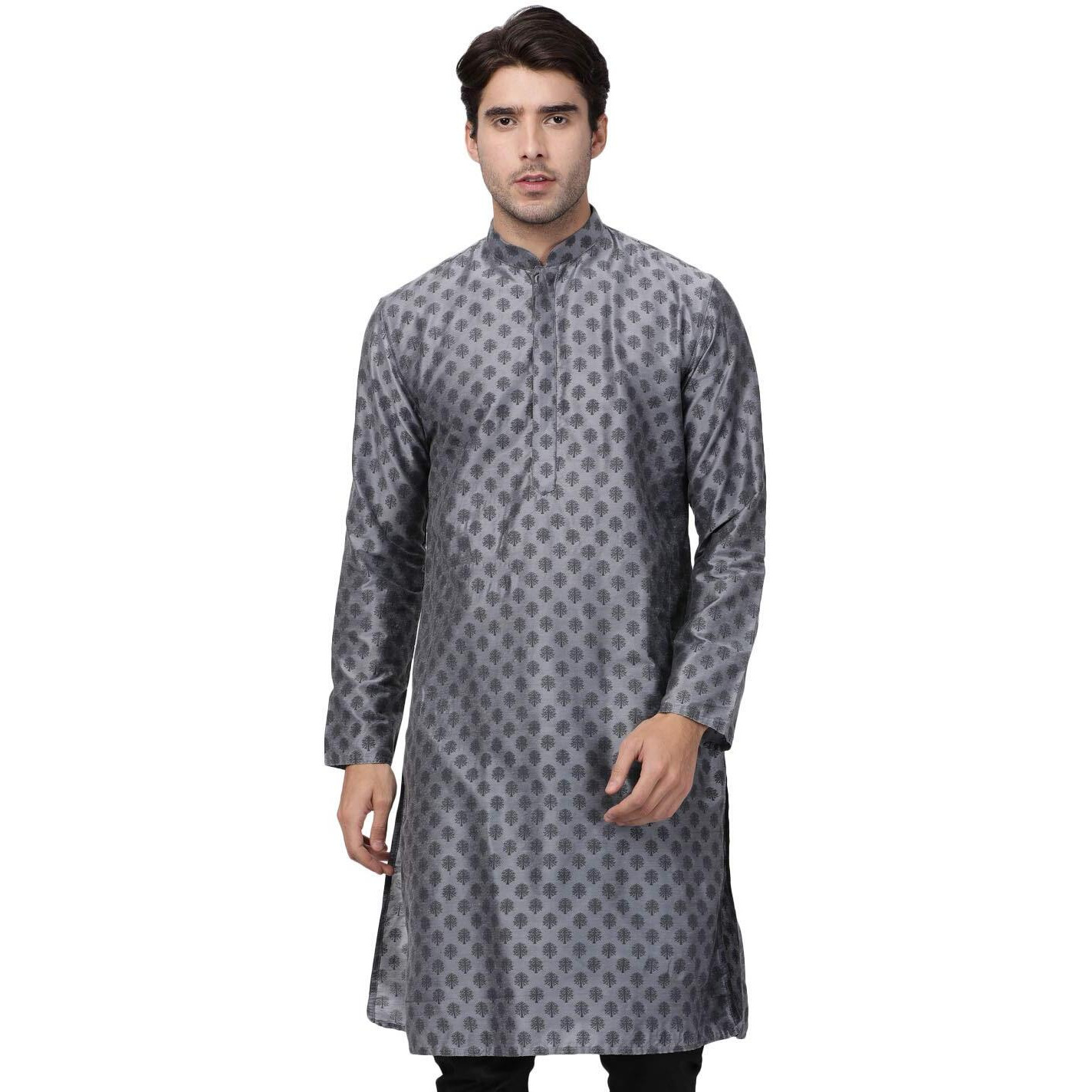 VASTRAMAY Men's Grey Cotton Silk Blend Kurta_VASMK071GY_46