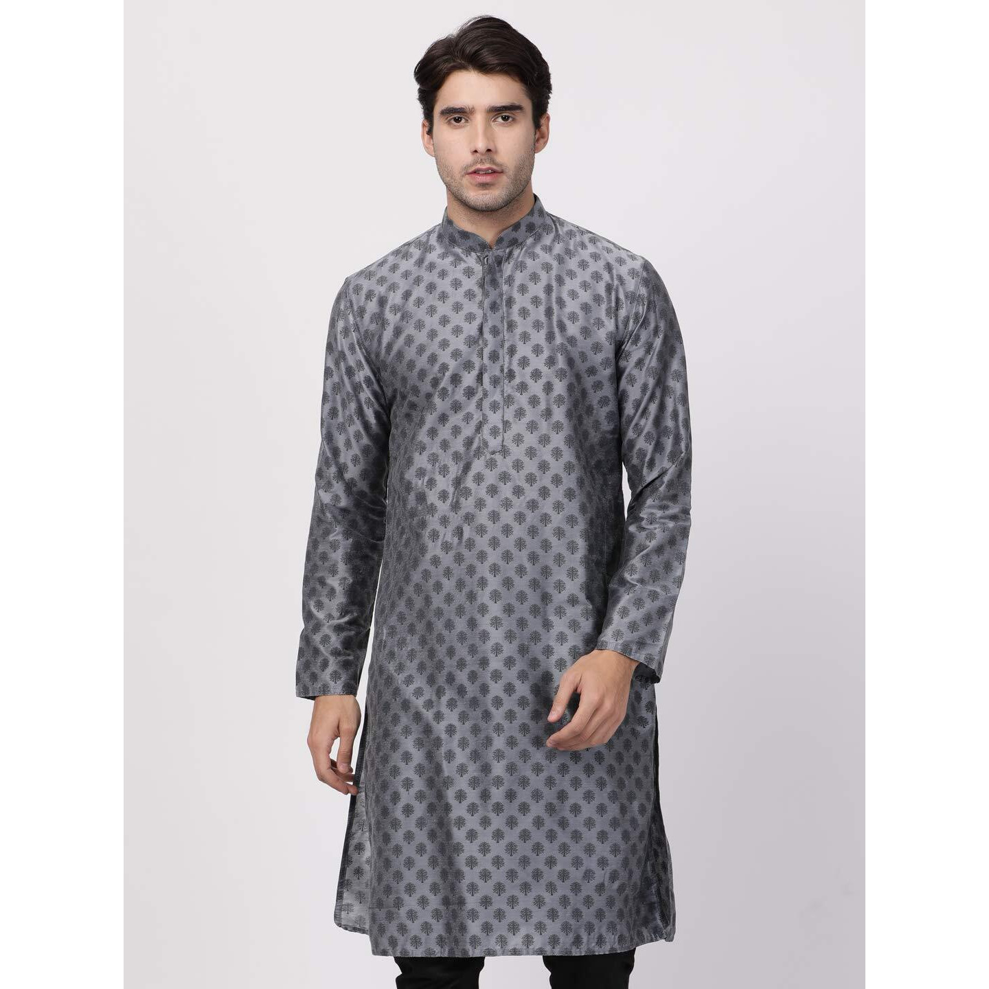 VASTRAMAY Men's Grey Cotton Silk Blend Kurta_VASMK071GY_46