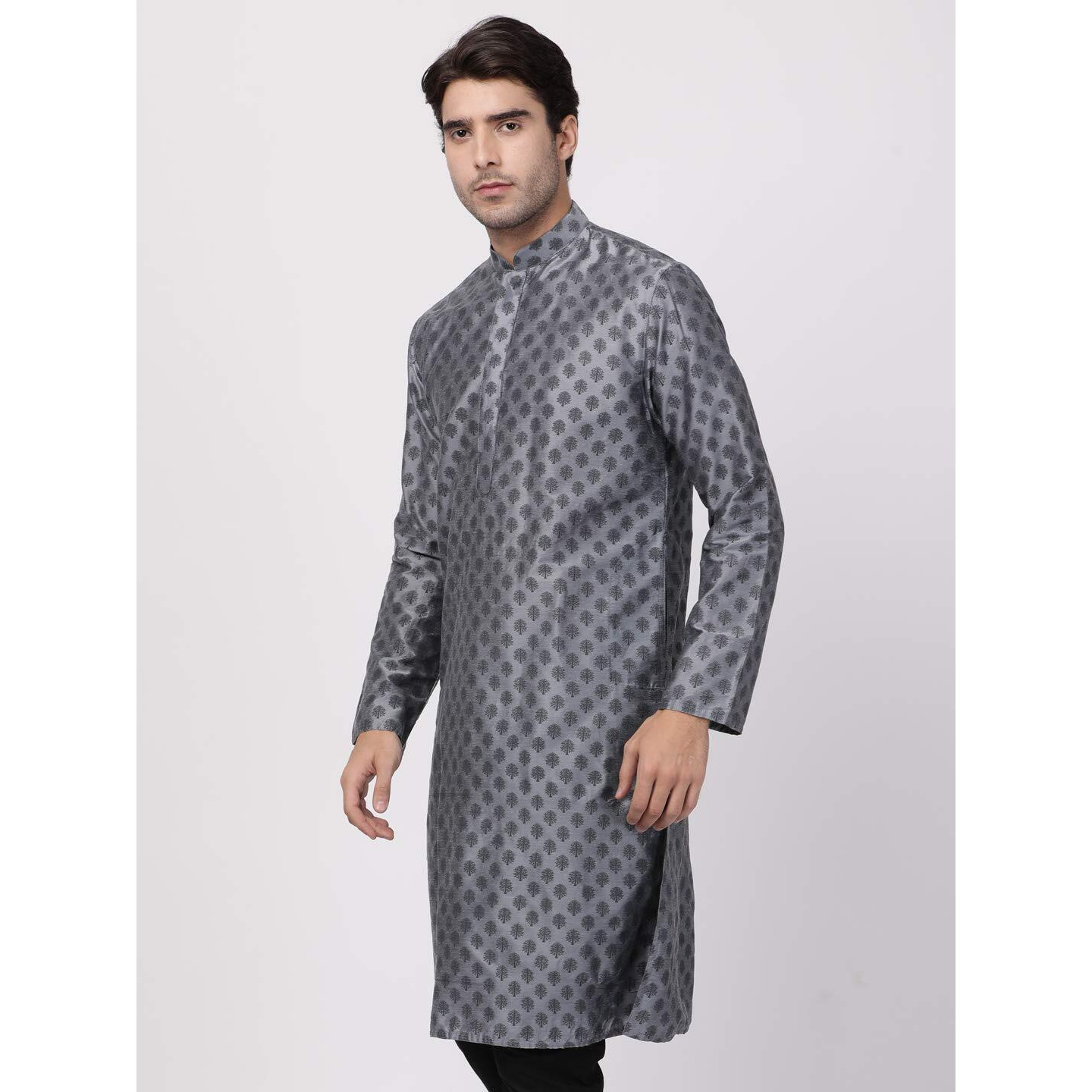 VASTRAMAY Men's Grey Cotton Silk Blend Kurta_VASMK071GY_46
