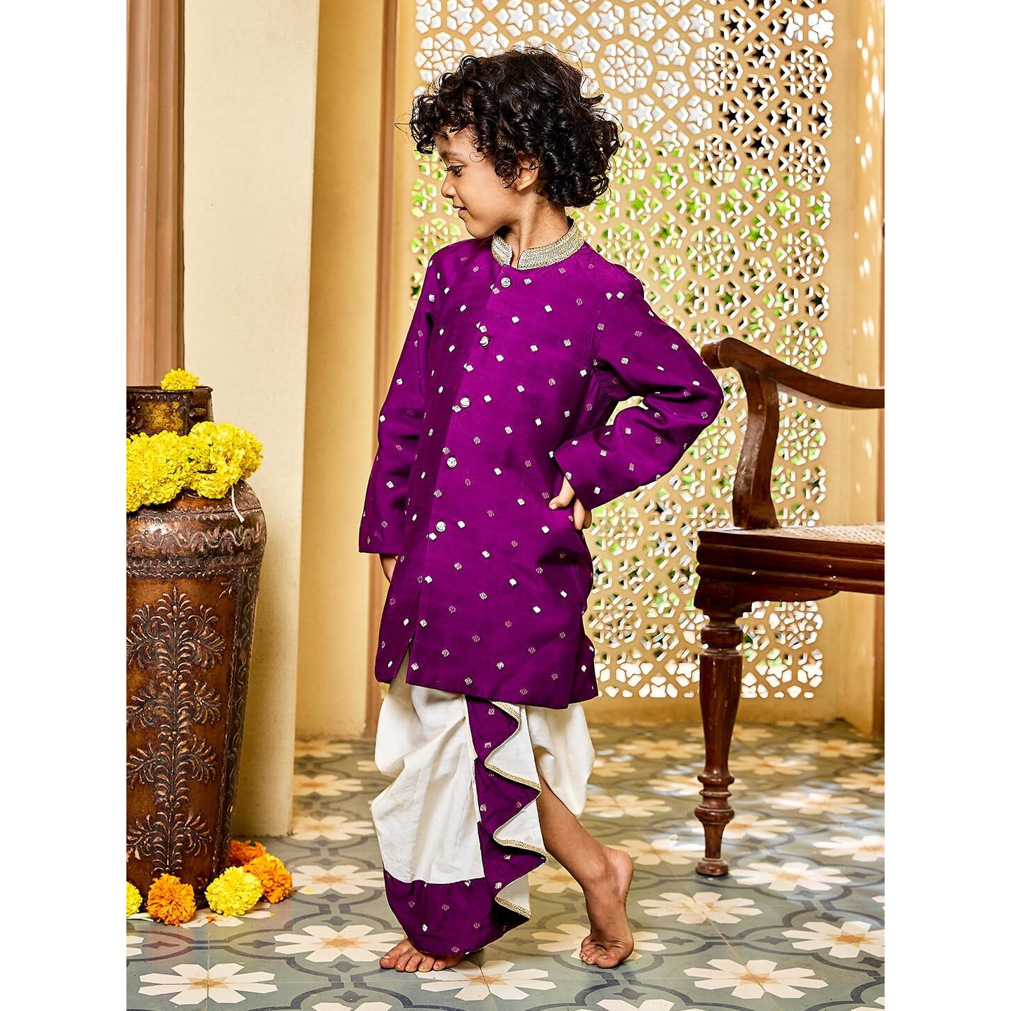VASTRAMAY Infant Boys' Purple And Cream Chanderi Kurta and Dhoti Set | Chanderi Jacquard sherwani Comes with a tissue dhoti pant with elasticated wasitband,sherwani and dhoti has lace detailing.