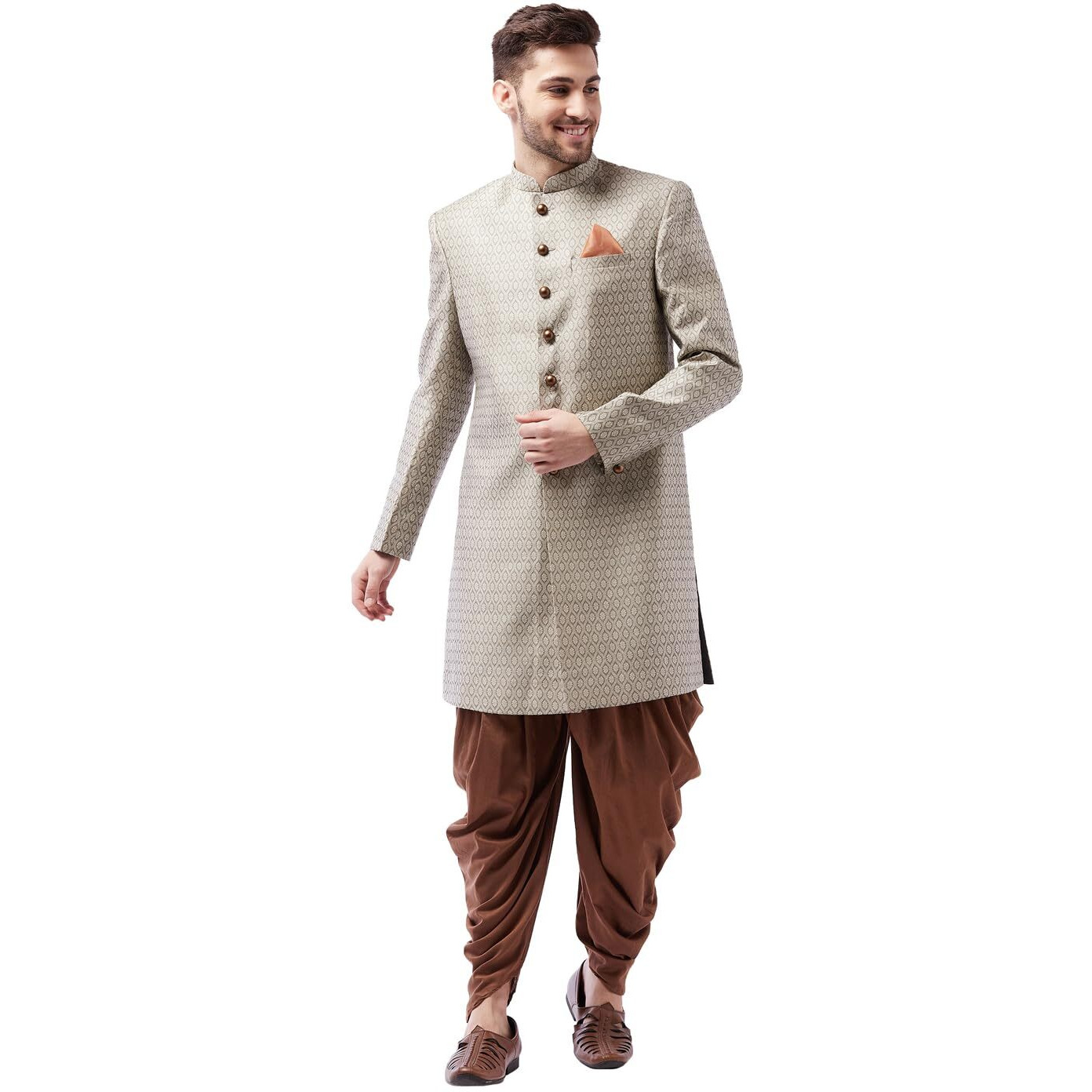 VASTRAMAY Men's Maroon And Rose Gold Silk Blend Sherwani Set_VASMIW105BGnCDCO_40
