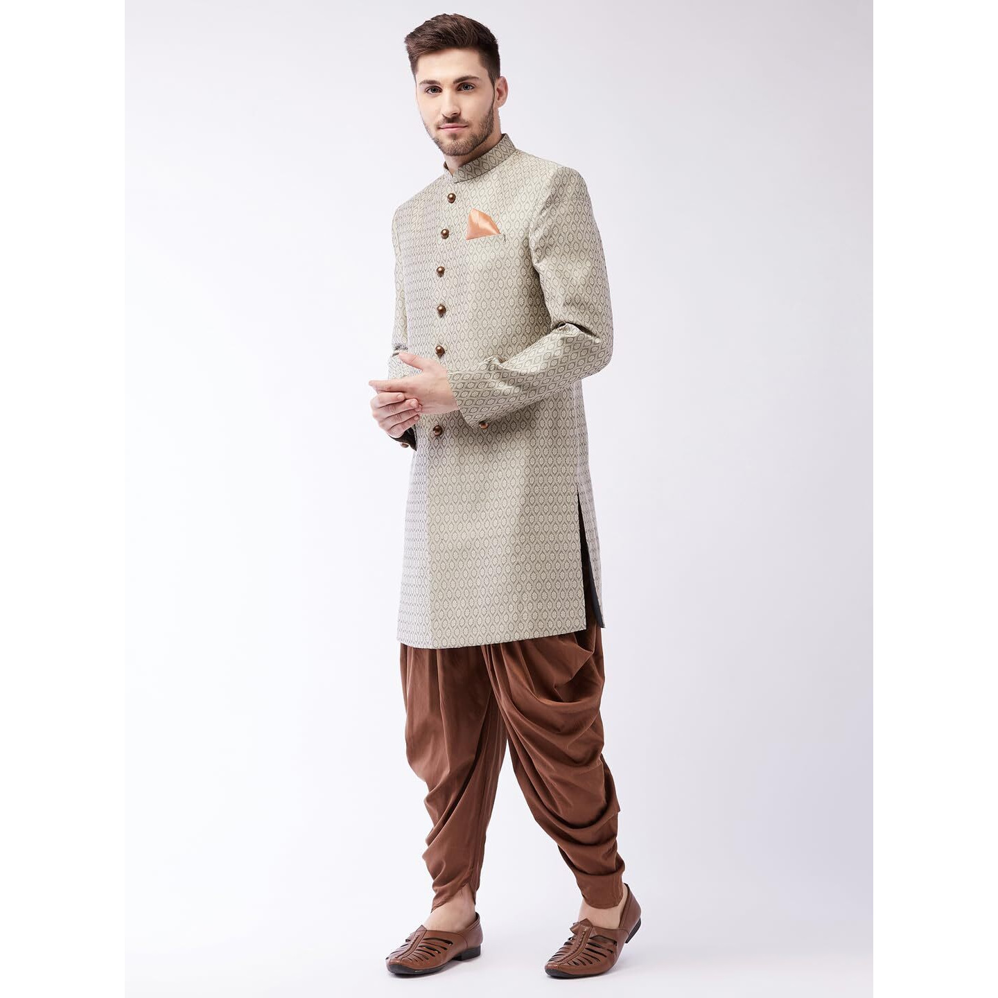 VASTRAMAY Men's Maroon And Rose Gold Silk Blend Sherwani Set_VASMIW105BGnCDCO_40