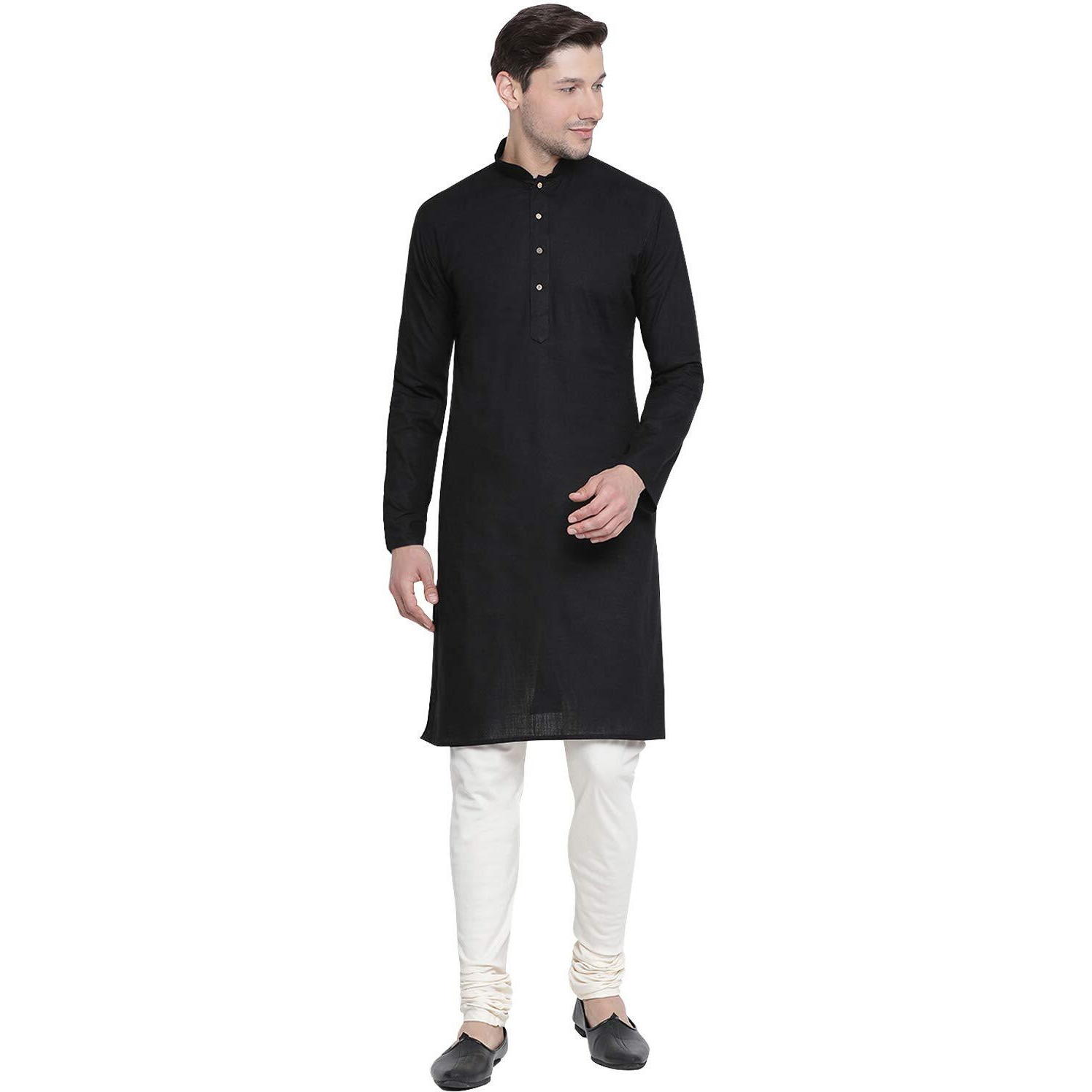VASTRAMAY Men's Black Cotton Linen Blend Kurta Pyjama Set_VASMK007BLnPLBCR_44
