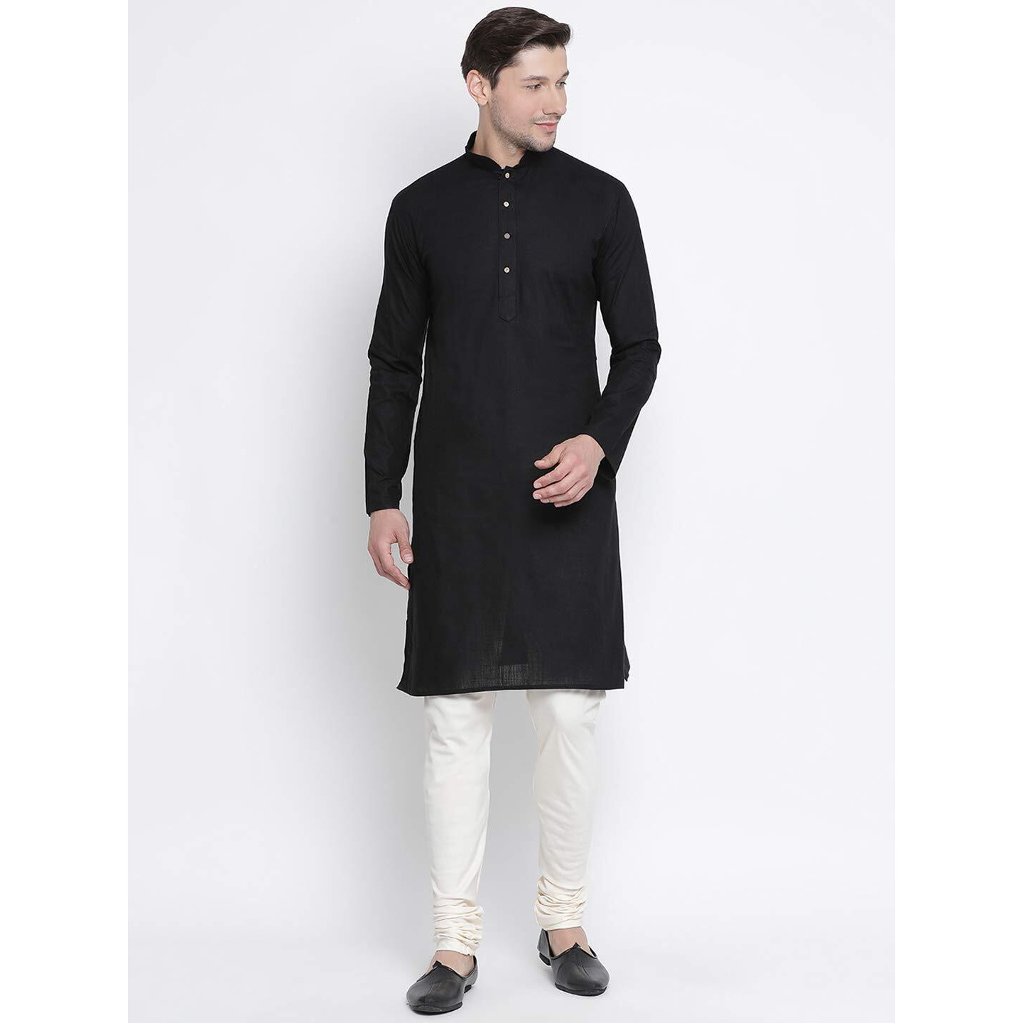 VASTRAMAY Men's Black Cotton Linen Blend Kurta Pyjama Set_VASMK007BLnPLBCR_44